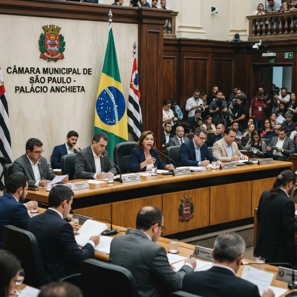 Cadeiras vazias em plenário legislativo antes da sessão